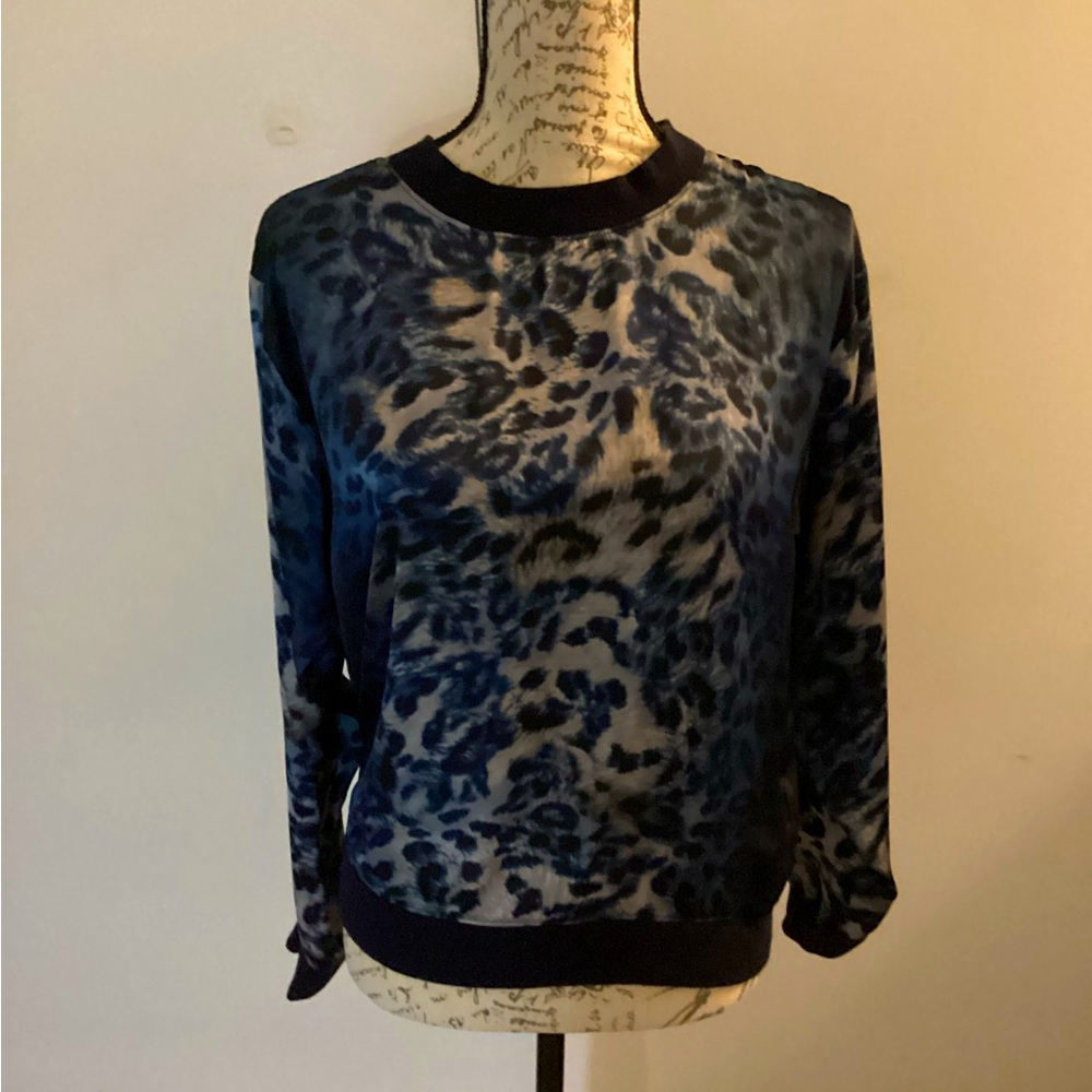NWOT Vince Camuto Leopard Print Sheer Royal Blue Light Crewneck Sweater Size XS